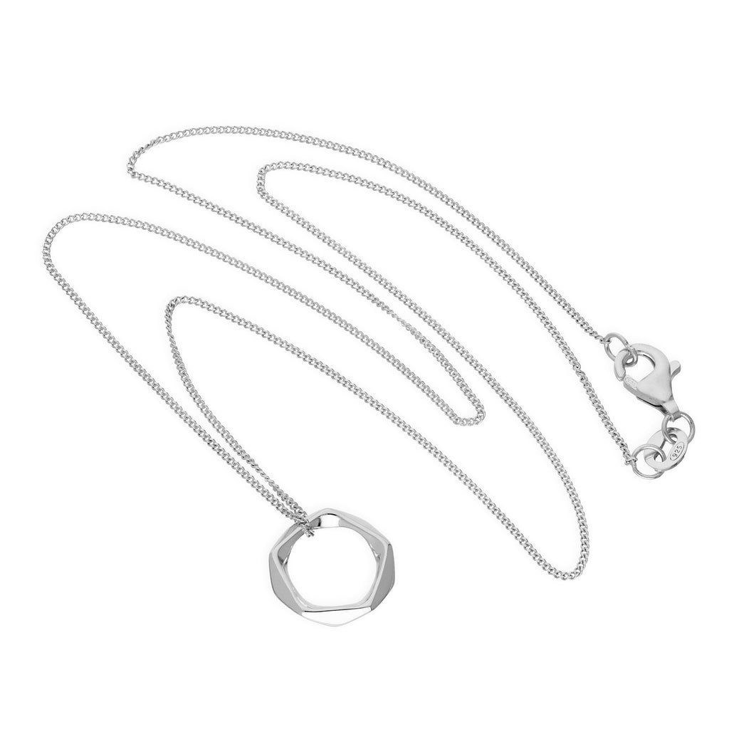 Sterling Silver Polished Pentagon Cut Ring Bead Pendant Necklace 14-32 Inches