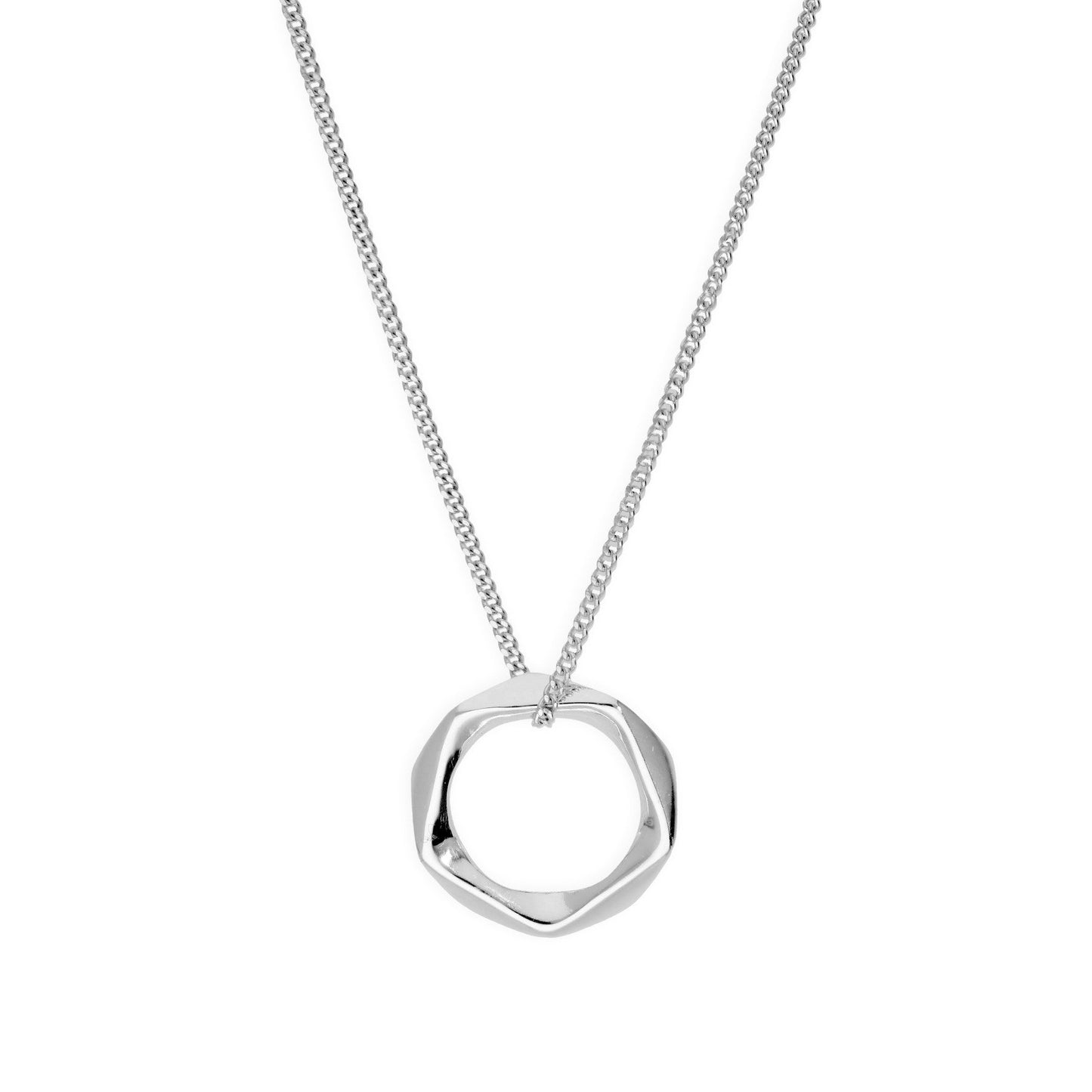 Sterling Silver Polished Pentagon Cut Ring Bead Pendant Necklace 16-22 Inches