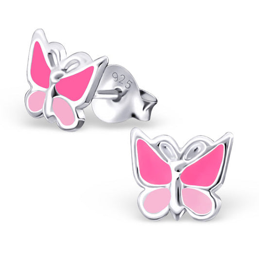 Sterling Silver Pink Enamel Butterfly Stud Earrings