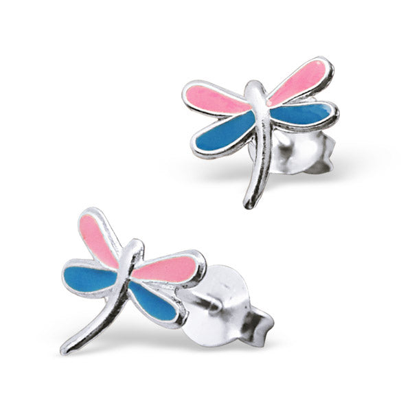 Sterling Silver Blue & Pink Enamelled Dragonfly Stud Earrings