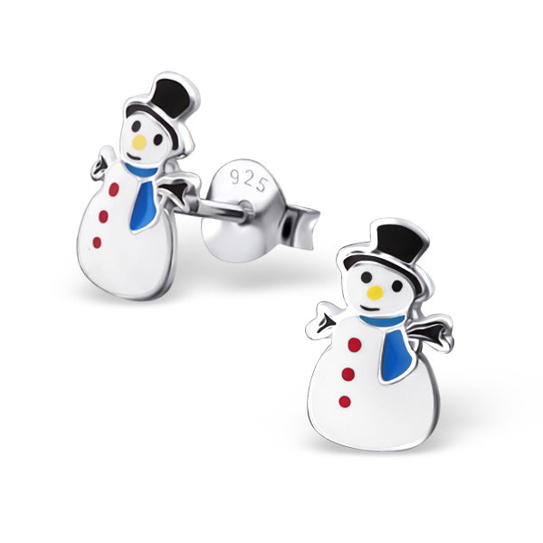 Small Sterling Silver & Enamel Snowman Stud Earrings