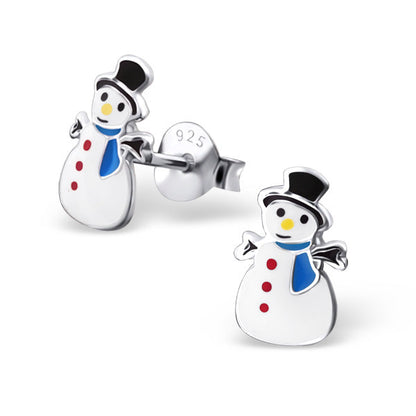 Small Sterling Silver & Enamel Snowman Stud Earrings