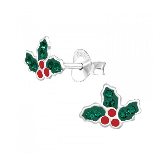 Sterling Silver & Enamel Holly Leaves Stud Earrings