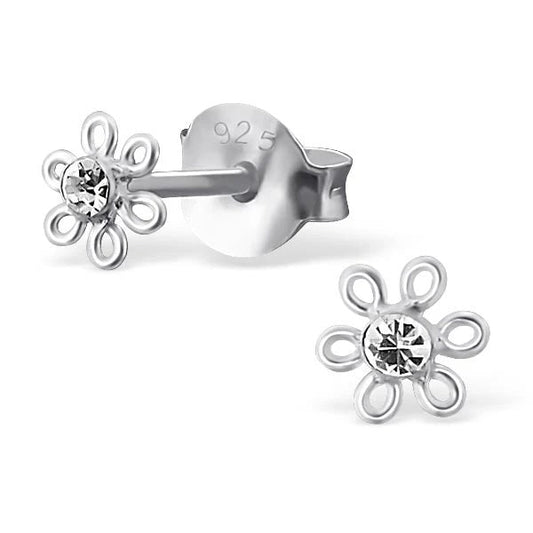 Small Sterling Silver & CZ Crystal Flower Stud Earrings