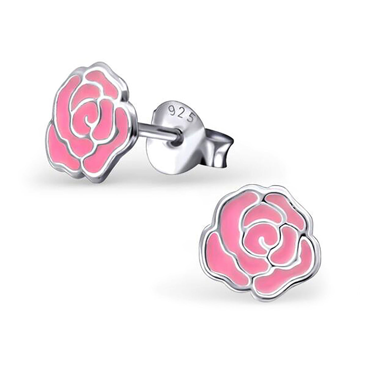 Sterling Silver & Pink Enamel 2D Rose Stud Earrings