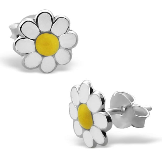 Sterling Silver & Enamel Daisy Flower Stud Earrings
