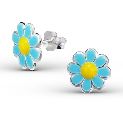 Sterling Silver & Blue & Yellow Enamel Daisy Flower Stud Earrings