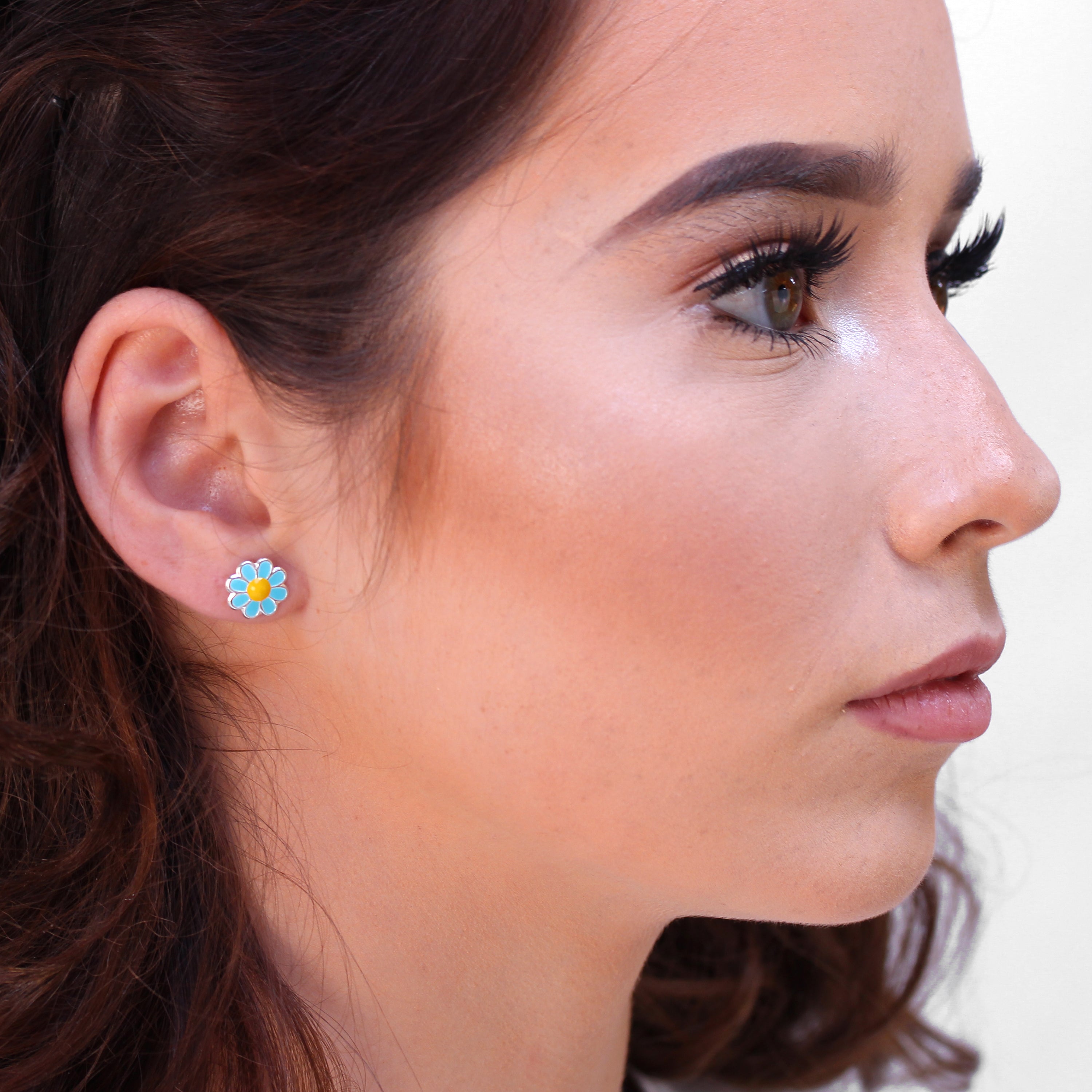 Sterling Silver & Blue & Yellow Enamel Daisy Flower Stud Earrings