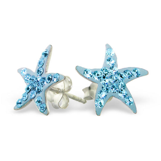 Sterling Silver Blue CZ Crystal Encrusted Star Stud Earrings