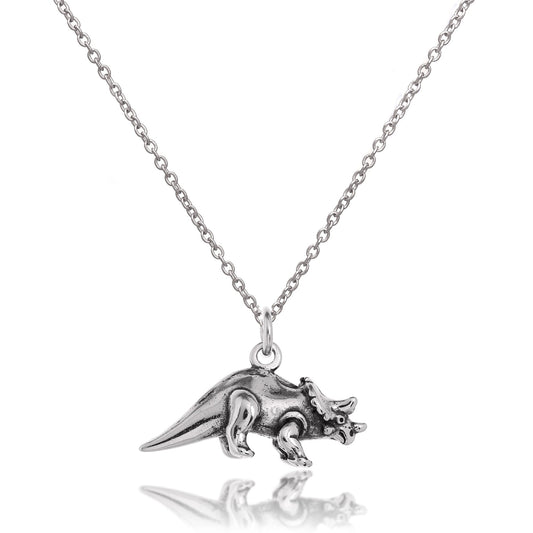 Sterling Silver 3D Triceratops Dinosaur Necklace