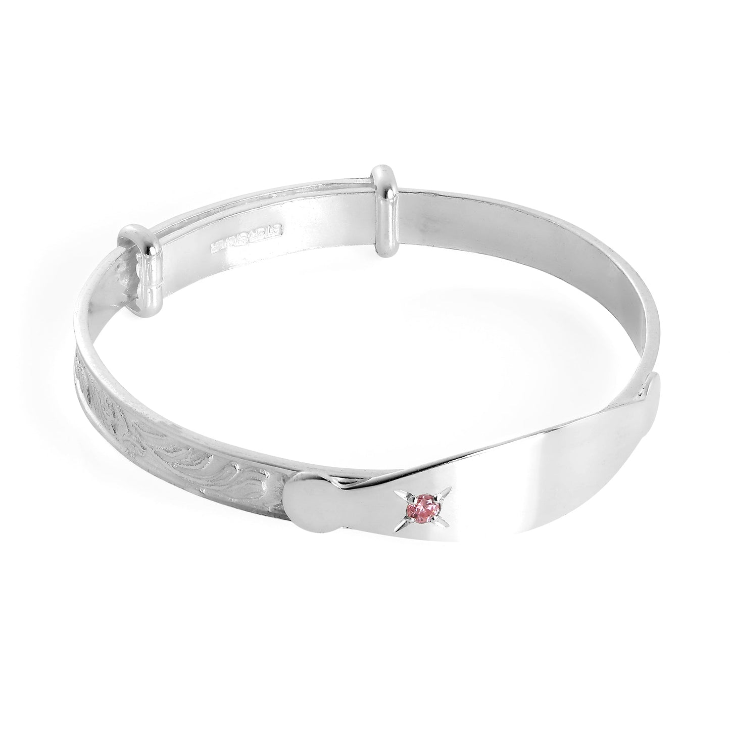 Sterling Silver Engravable Expandable Baby Bangle with Pink CZ Crystal