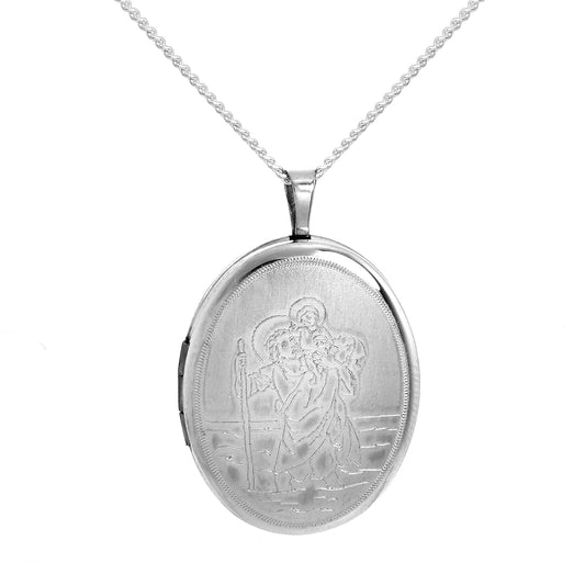 Sterling Silver Engraved St Christopher Oval Locket on Chain