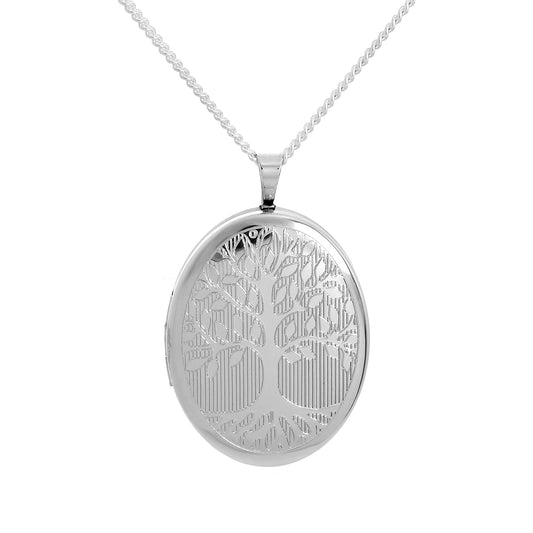 Sterling Silver Engraved Tree of Life Oval Locket on Chain
