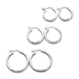 Sterling Silver Patterned Diamond Cut Hoop Earrings Set