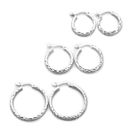 Sterling Silver Patterned Diamond Cut Hoop Earrings Set