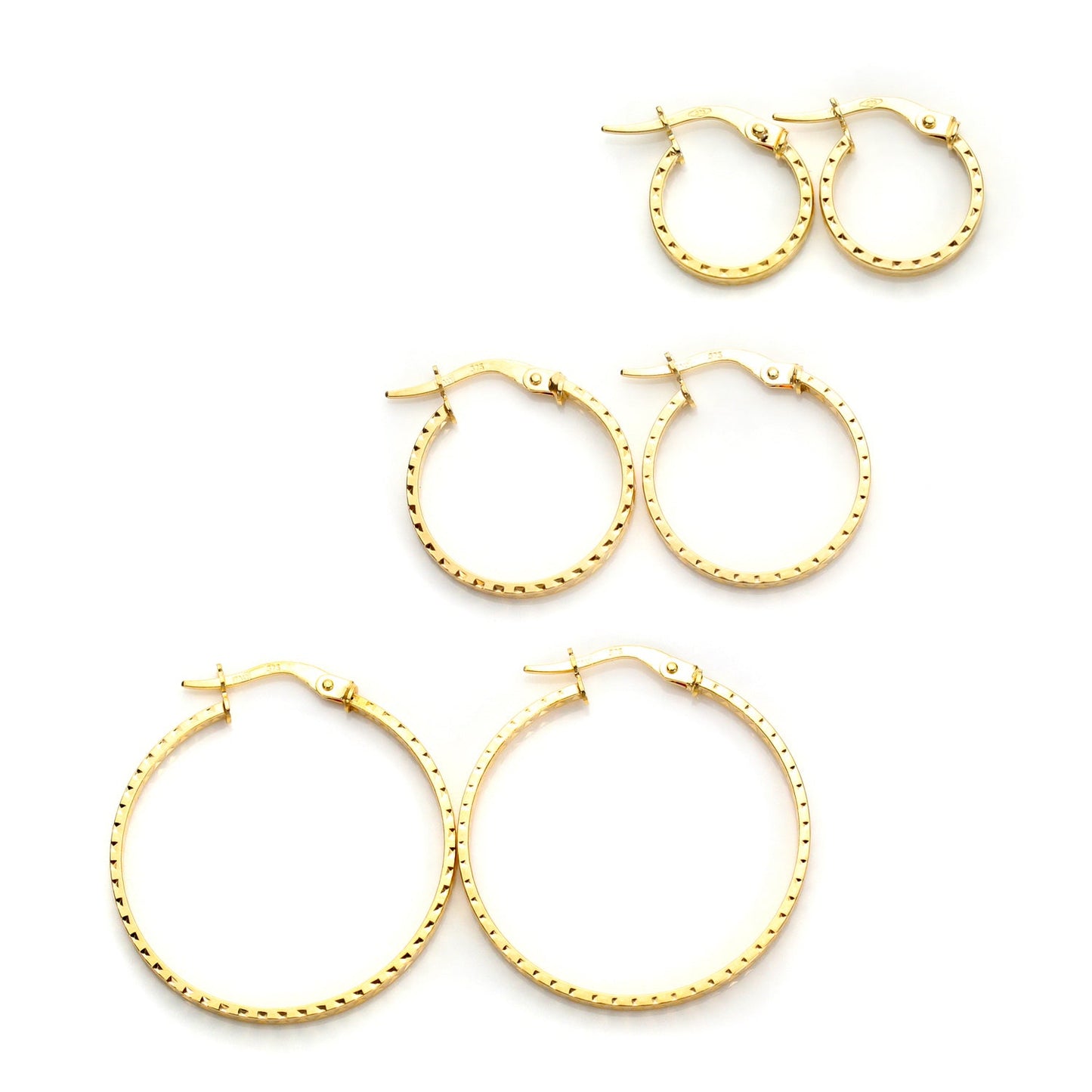 9ct Gold Patterned Diamond Cut Hoop Earrings Set