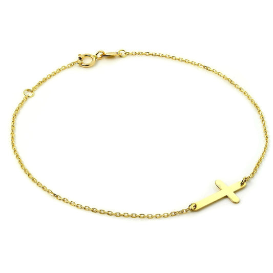 Fine 9ct Gold Trace Chain Bracelet with Cross 7.5 Inches - jewellerybox