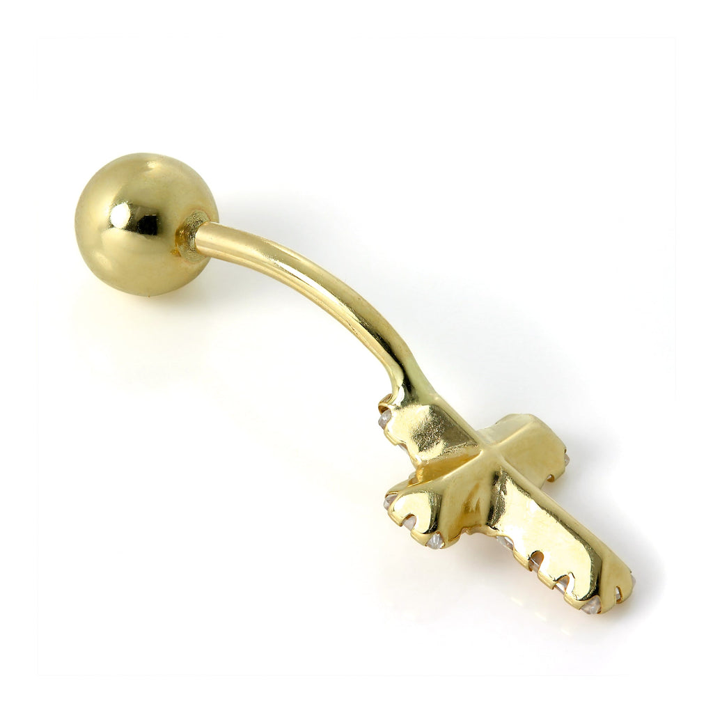 9ct Gold Clear CZ Crystal Cross Belly Bar