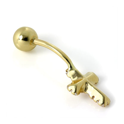 9ct Gold Clear CZ Crystal Cross Belly Bar