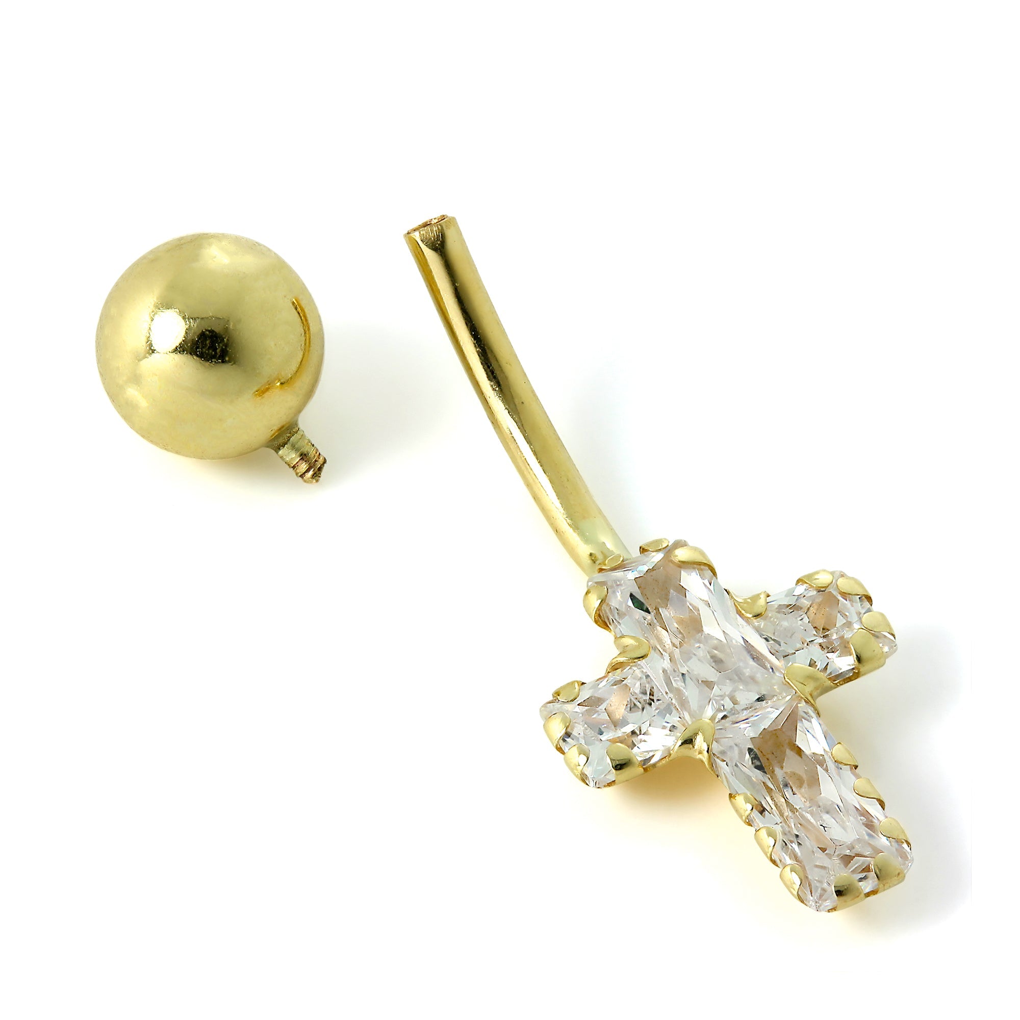 9ct Gold Clear CZ Crystal Cross Belly Bar