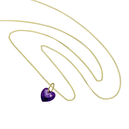 9ct Gold & Purple CZ Crystal Heart Pendant Necklace 16 - 20 Inches