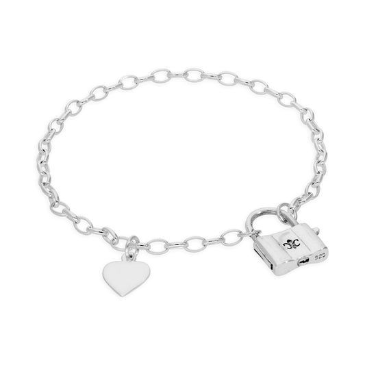Sterling Silver 7 Inch Bracelet with Heart Tag & Padlock