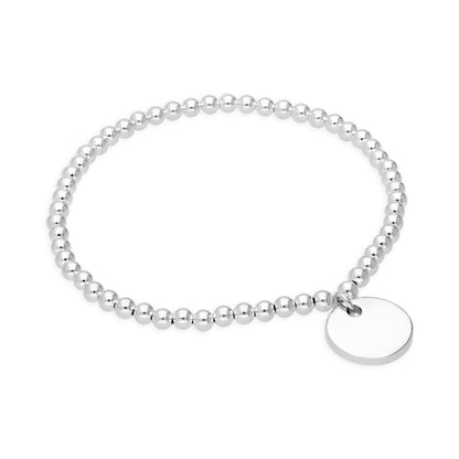 Sterling Silver Stretchy 6 Inch Bead Bracelet with Engravable Round Tag