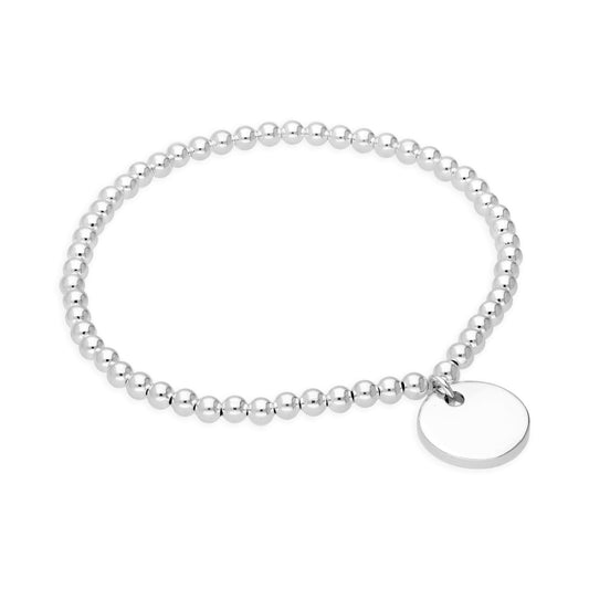 Sterling Silver Stretchy 6 Inch Bead Bracelet with Engravable Round Tag