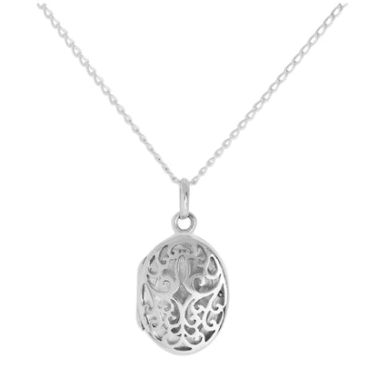 Sterling Silver Oval Locket with Cut Out Filigree Design on Chain 16 - 24 Inches