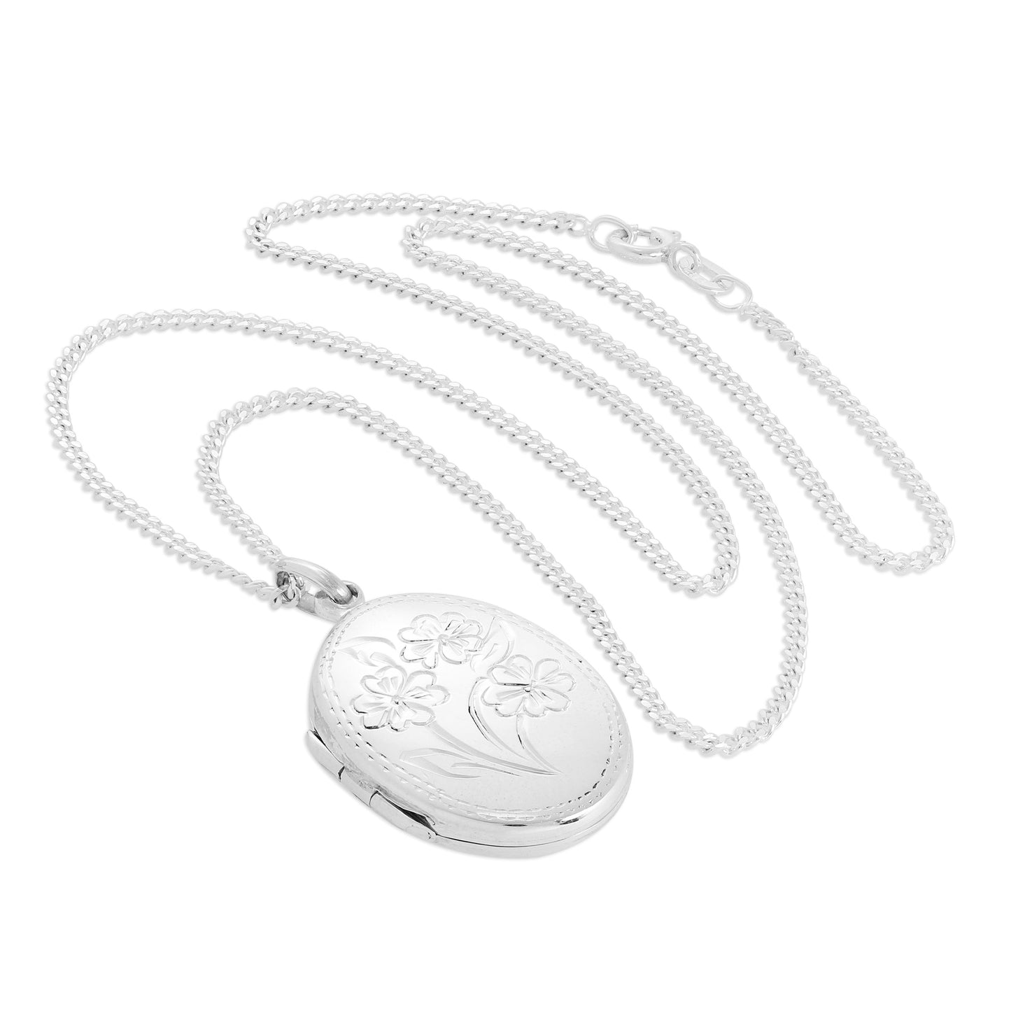 Sterling Silver Oval Flowers Locket on Chain 16 - 24 Inches