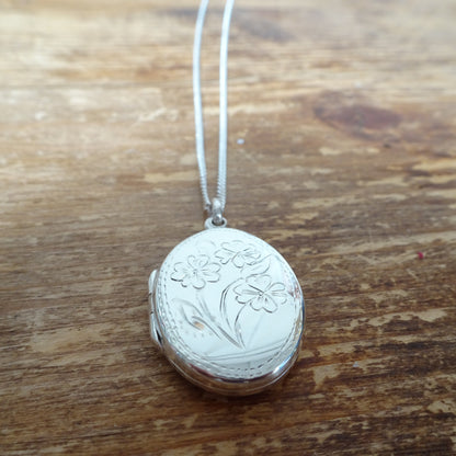 Sterling Silver Oval Flowers Locket on Chain 16 - 24 Inches