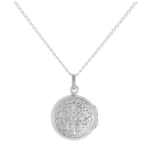 Small Round Sterling Silver Flower Locket on Chain 16 - 24 Inches