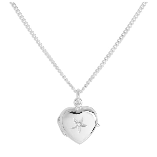Small Sterling Silver Heart Locket with Diamond on Chain 16 - 24 Inches