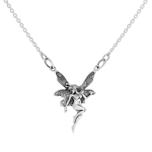 Sterling Silver Winged Fairy Pendant on 14 Inch Diamond Cut Chain