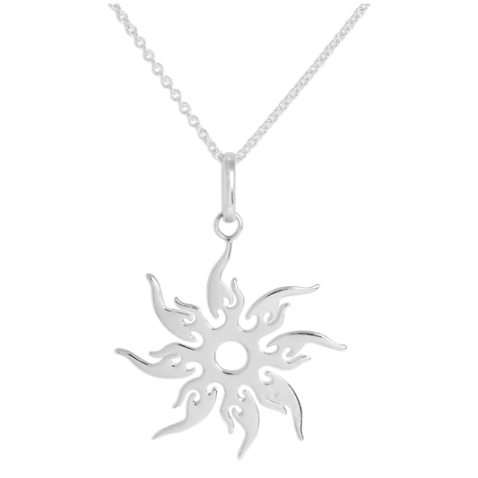 Sterling Silver Flaming Sun Pendant Necklace 16 - 24 Inches