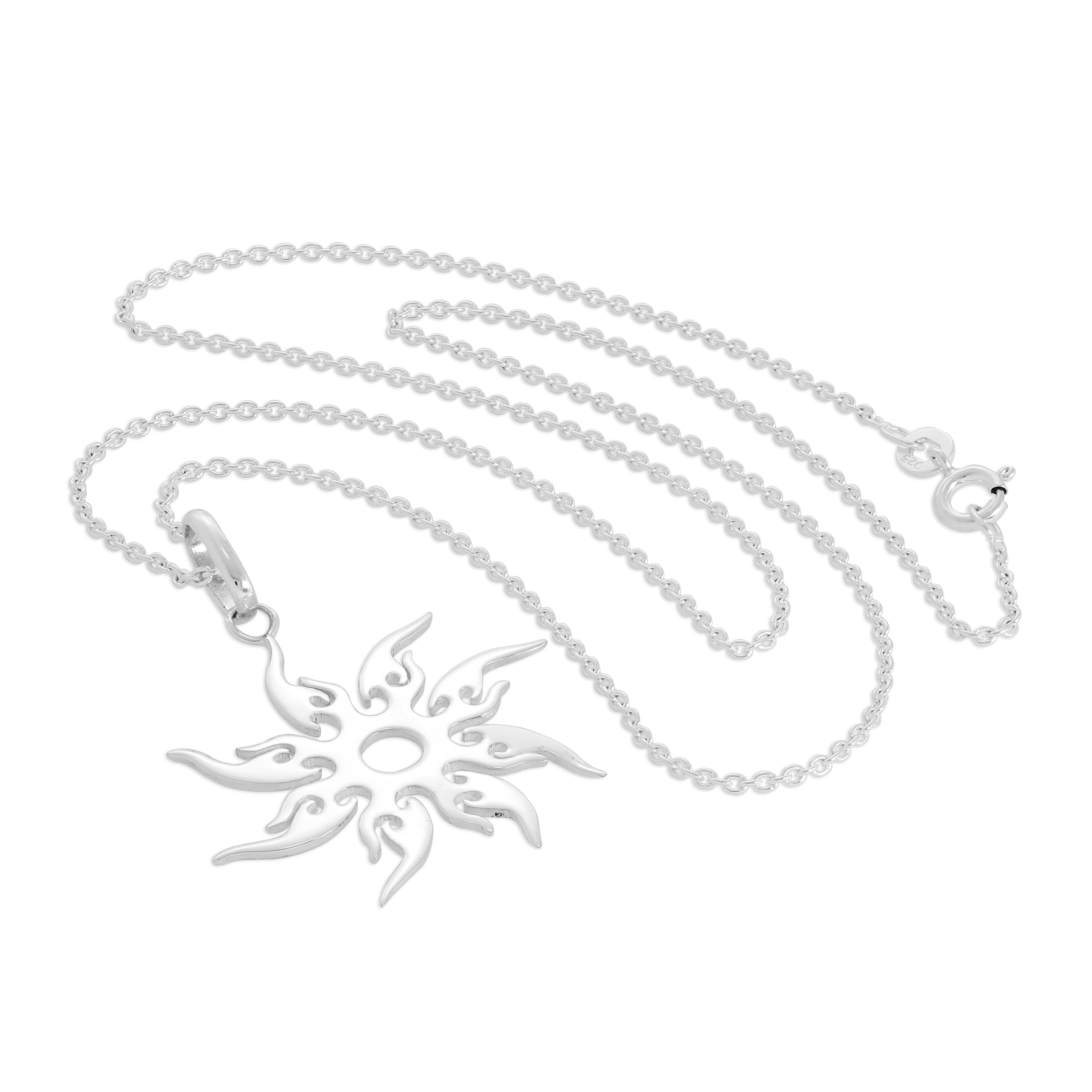 Sterling Silver Flaming Sun Pendant Necklace 16 - 24 Inches