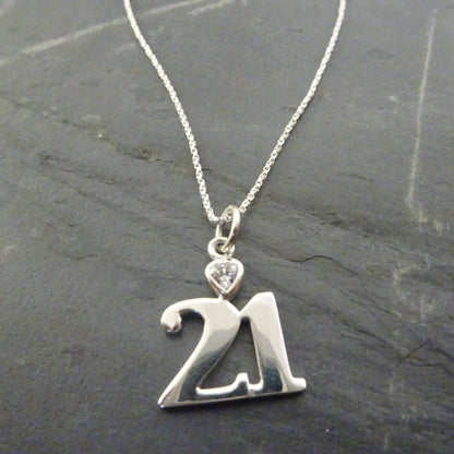 Sterling Silver 21 Pendant with Clear CZ Crystal Heart on Chain 16 -24 Inches