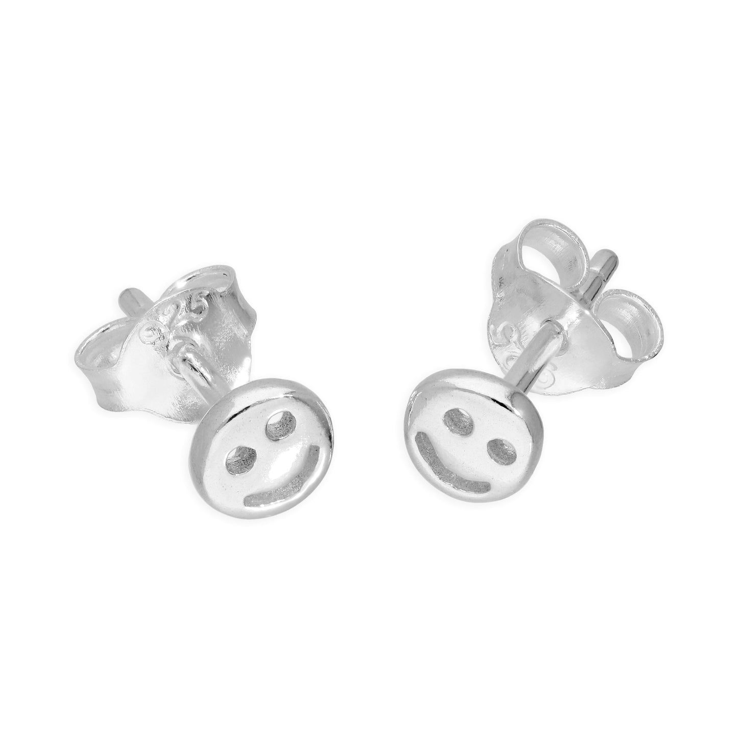 Sterling Silver Small Round Smiley Face Stud Earrings