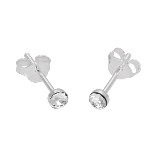Sterling Silver & 3mm Round Clear Crystal Stud Earrings