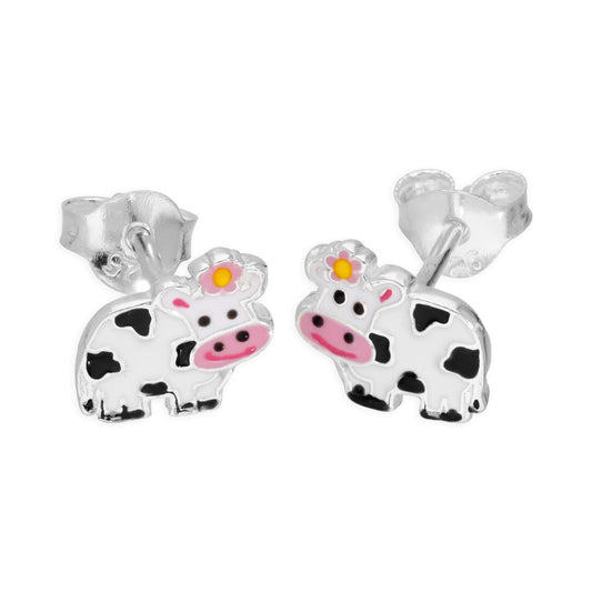 Sterling Silver & Enamel Cow Stud Earrings