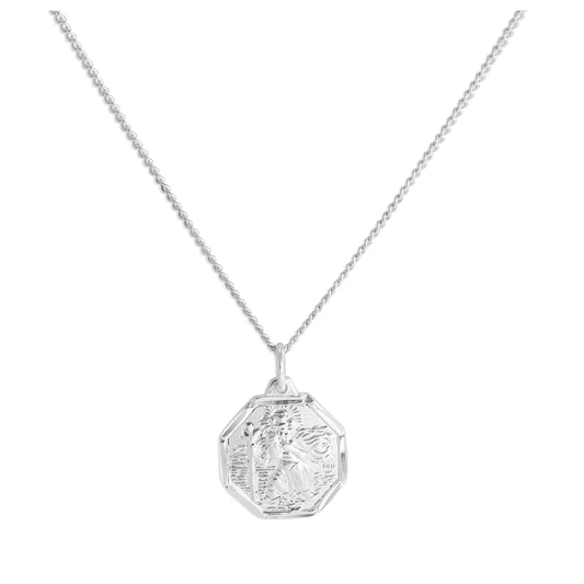 Sterling Silver Diamond Cut Octagonal St Christopher Necklace 16 - 24 Inches