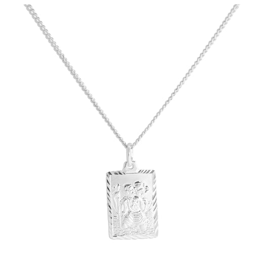 Sterling Silver Diamond Cut Rectangular St Christopher Necklace 16 - 24 Inches