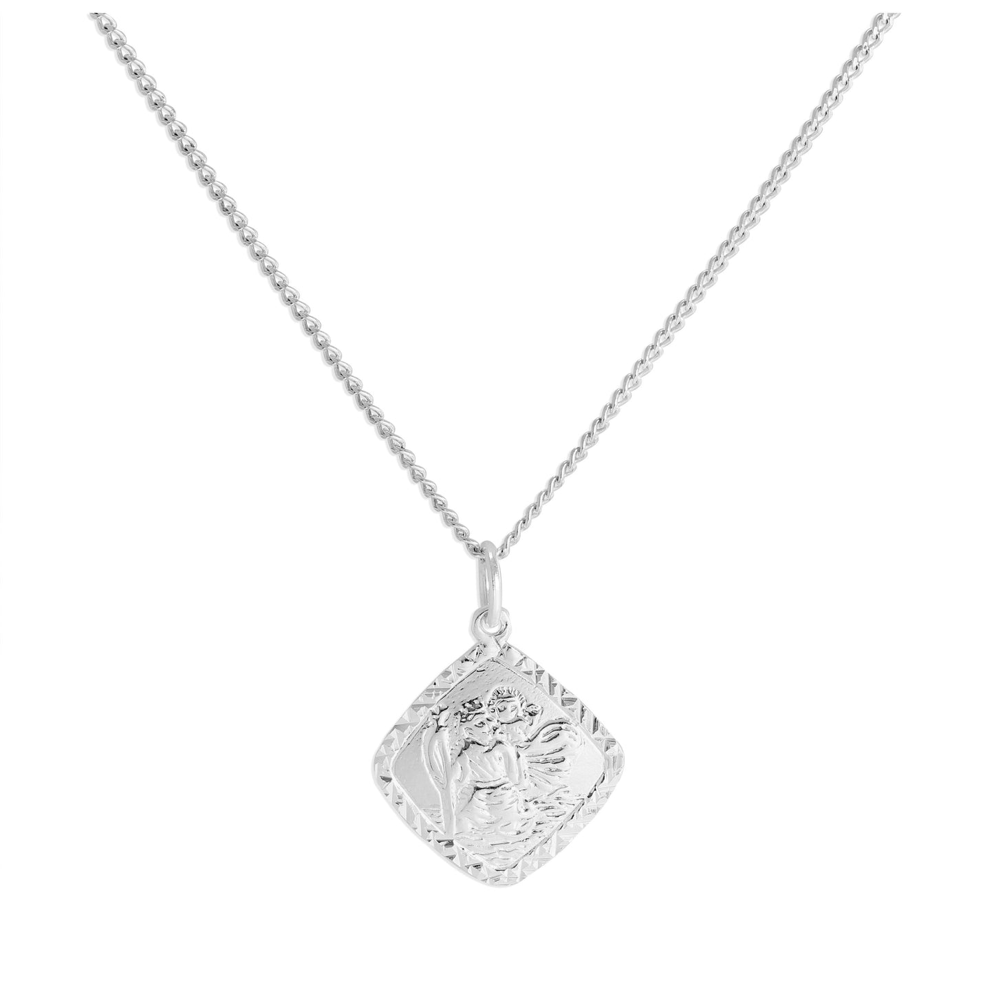 Sterling Silver Diamond Cut Square St Christopher Necklace 16 - 24 Inches