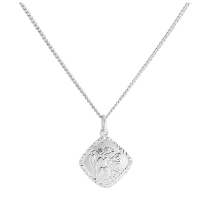 Sterling Silver Diamond Cut Square St Christopher Necklace 16 - 24 Inches