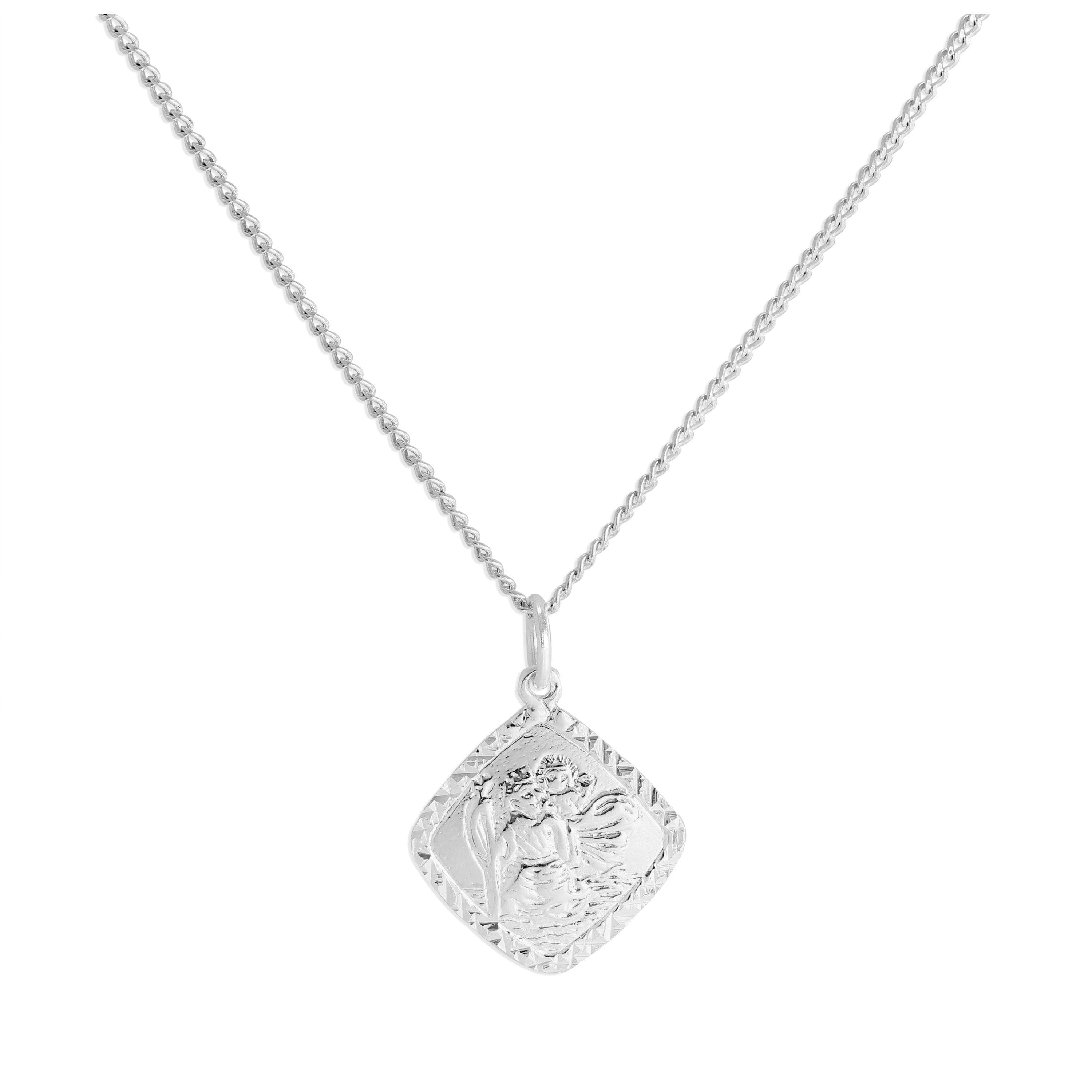 Sterling Silver Diamond Cut Square St Christopher Necklace 16 - 24 Inches