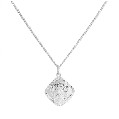 Sterling Silver Diamond Cut Square St Christopher Necklace 16 - 24 Inches