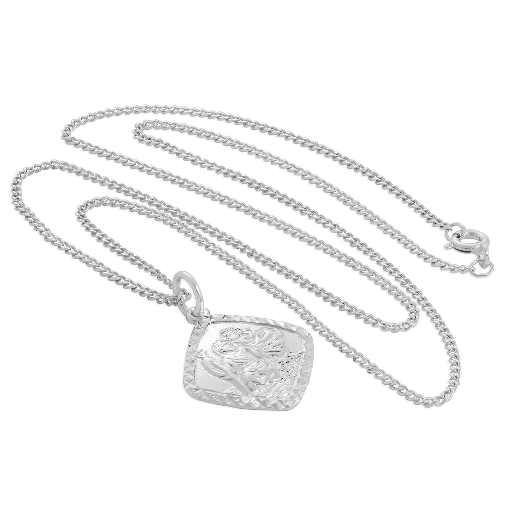 Sterling Silver Diamond Cut Square St Christopher Necklace 16 - 24 Inches