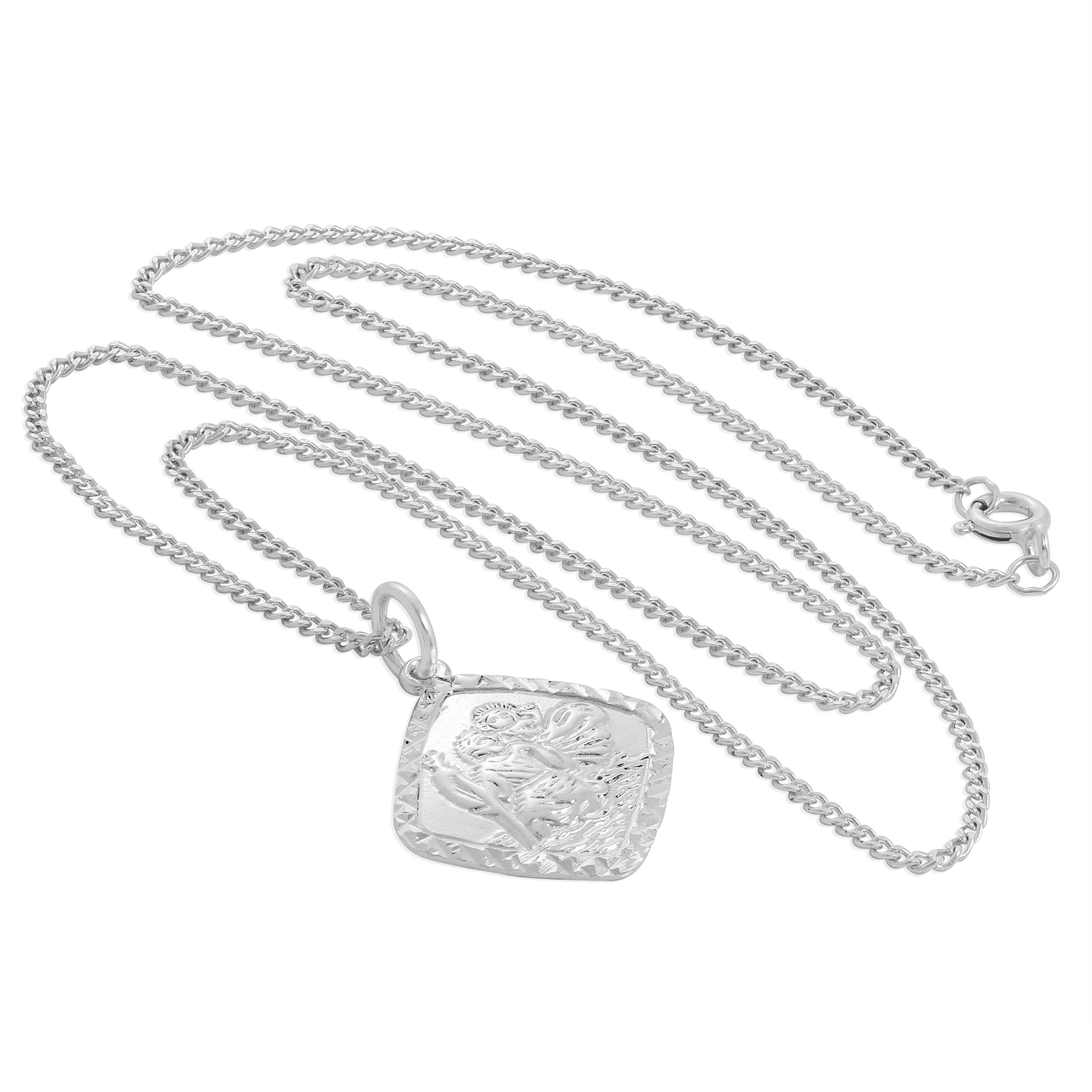 Sterling Silver Diamond Cut Square St Christopher Necklace 16 - 24 Inches