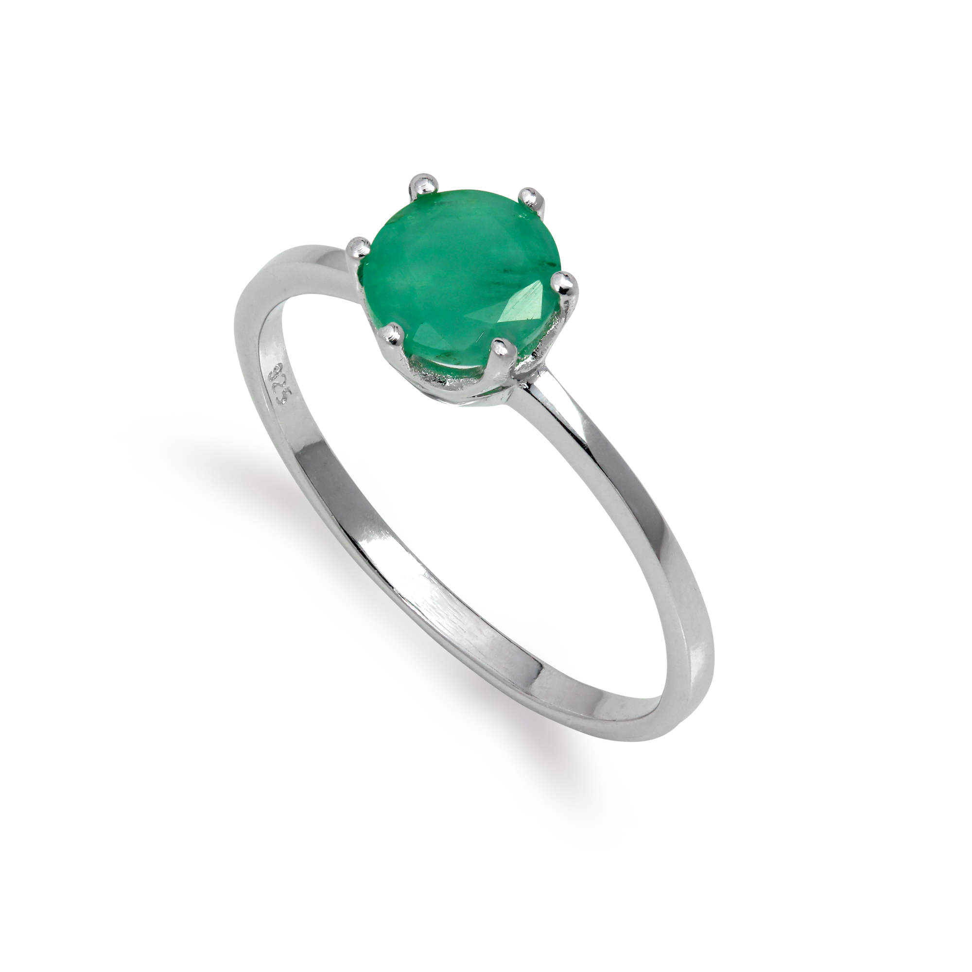 Sterling Silver & 6mm Round Emerald Gemstone Ring Size I - U