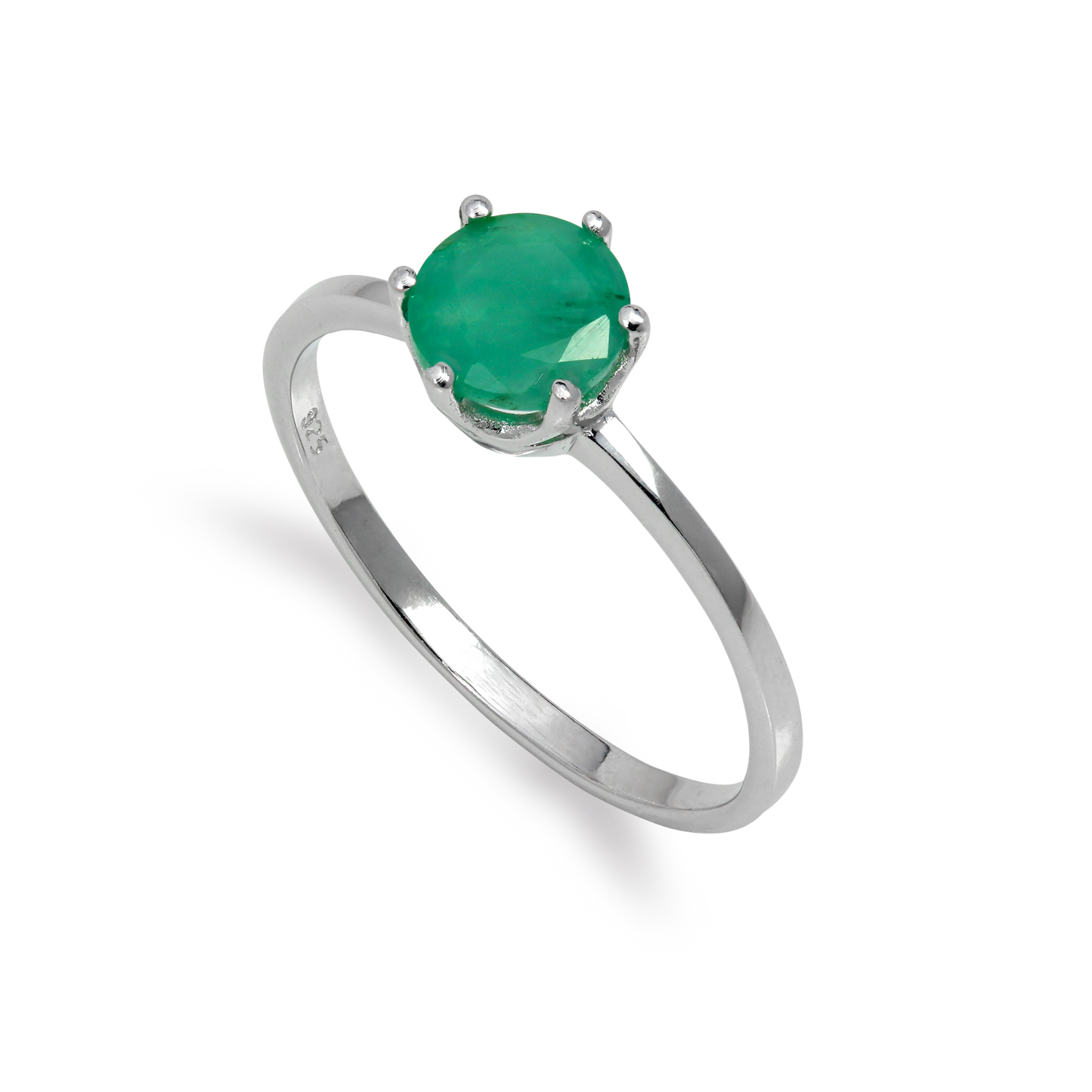 Sterling Silver & 6mm Round Emerald Gemstone Ring Size I - U
